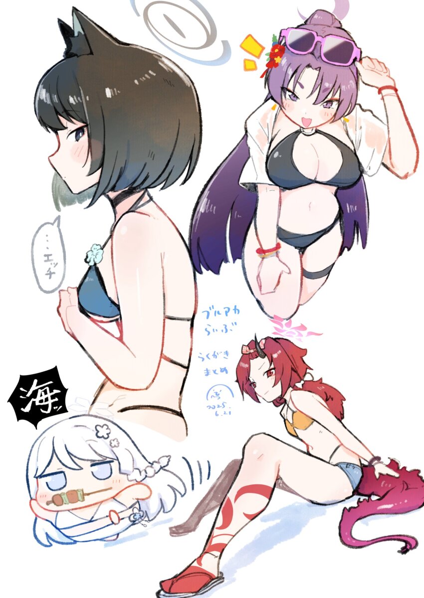 4girls animal_ears bikini black_eyes blue_archive breasts cat_ears cat_girl chibi colored_eyelashes dragon_tail eyewear_on_head flower food hair_flower hair_ornament halo highres horns hyakkaryouran_(blue_archive) kikyou_(blue_archive) kikyou_(swimsuit)_(blue_archive) multiple_girls nagusa_(blue_archive) nagusa_(swimsuit)_(blue_archive) o-ring o-ring_bikini official_alternate_costume ponytail purple_hair purple_halo red_halo red_tail renge_(blue_archive) renge_(swimsuit)_(blue_archive) single_horn sitting skewer swimsuit tail thigh_strap urode white_eyelashes white_eyes white_hair white_halo yakitori yukari_(blue_archive) yukari_(swimsuit)_(blue_archive)
