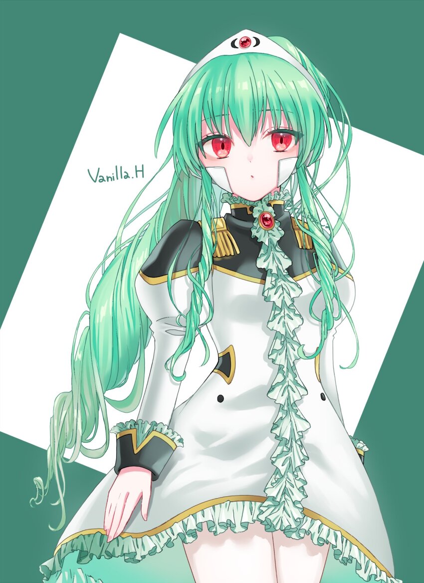 1girl character_name dress drill_hair frilled_dress frills galaxy_angel green_hair hairband highres long_hair long_sleeves looking_at_viewer military_uniform pantyhose ponytail red_eyes ritsu_(r_litsuca) solo two-tone_background vanilla_h white_dress white_pantyhose