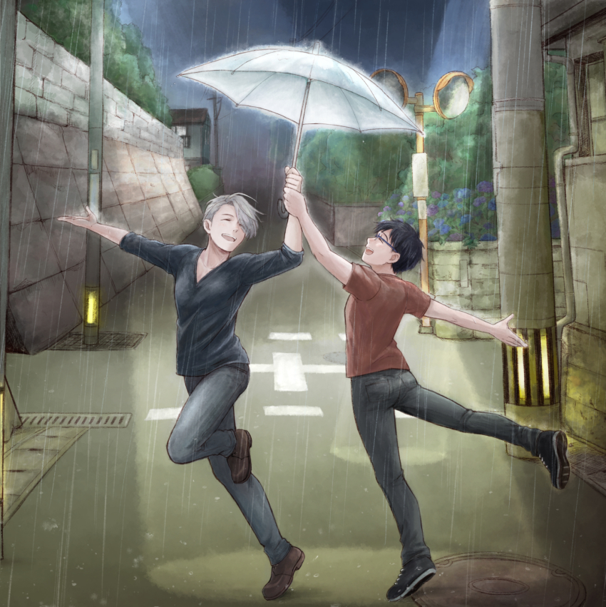 2boys ^_^ black_hair blue-framed_eyewear closed_eyes dancing denim closed_eyes flower glasses highres hydrangea jeans katsuki_yuuri male_focus manhole multiple_boys open_mouth outdoors pants rain road shared_umbrella shirt silver_hair smile spotlight standing standing_on_one_leg street t-shirt takeshi_(mononohu20) umbrella viktor_nikiforov yuri!!!_on_ice