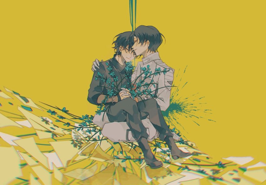 2boys absurdres adk-em armband bandai bandai_namco bishounen black_footwear black_hair black_pants black_shirt boots broken_glass closed_eyes cyuer11 fenix_uniform flower glass gloves highres holding_hands hug igarashi_daiji ishimori_prod kagerou_(kamen_rider_revice) kamen_rider kamen_rider_revice kneeling military military_uniform multiple_boys paint pants shirt short_hair sitting sitting_on_person splatter toei_company tokusatsu tv_asahi white_gloves yaoi yellow_background