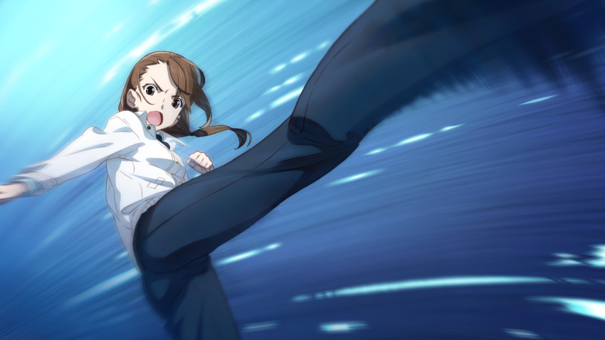 1girl angry aqua_eyes blue_pants blue_shirt breasts brown_hair buttons casual floating_hair fukuda_tomonori furrowed_brow game_cg green_eyes hair_between_eyes hair_tie highres incoming_attack jacket leg_up long_hair looking_at_viewer motion_blur motion_lines non-web_source official_art open_collar open_mouth pants robotics;notes roundhouse_kick shiny_eyes shirt shouting small_breasts solo tennouji_nae tennouji_nae_(robotics;notes) tongue twintails white_jacket white_shirt