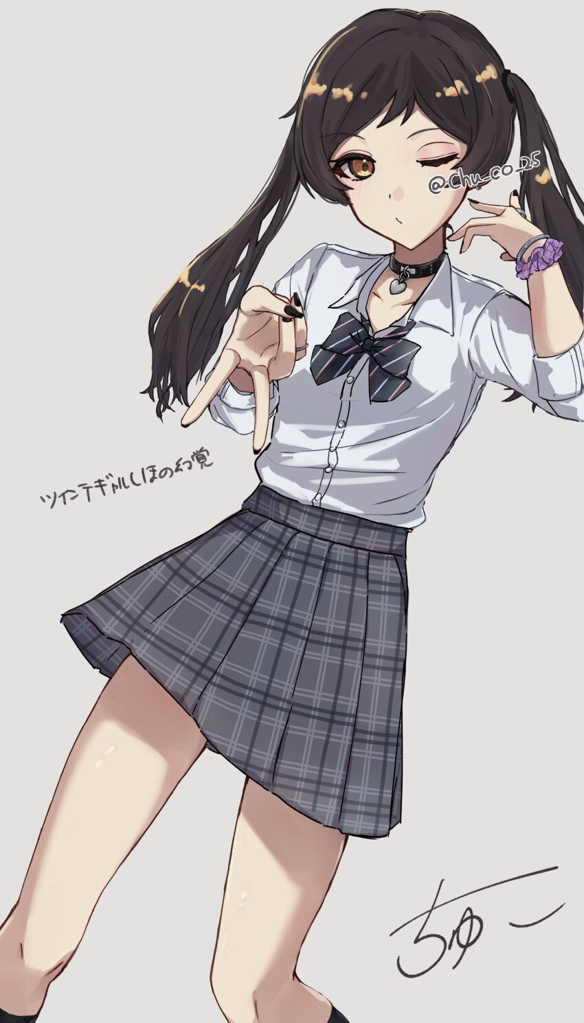 1girl absurdres black_choker black_nails blush bow bowtie brown_eyes brown_hair choker chu_co_25 closed_mouth collarbone collared_shirt concept_gyarus_(idolmaster) diagonal-striped_bow diagonal-striped_bowtie diagonal-striped_clothes grey_background grey_skirt gyaru gyaru_v hand_up heart heart_choker highres idolmaster idolmaster_million_live! idolmaster_million_live!_theater_days jewelry kitazawa_shiho kogal long_hair looking_at_viewer loose_bowtie nail_polish one_eye_closed open_collar plaid_clothes plaid_skirt pleated_skirt purple_scrunchie ring school_uniform scrunchie shirt signature simple_background skirt solo standing striped_clothes translation_request twintails twitter_username v white_shirt wrist_scrunchie