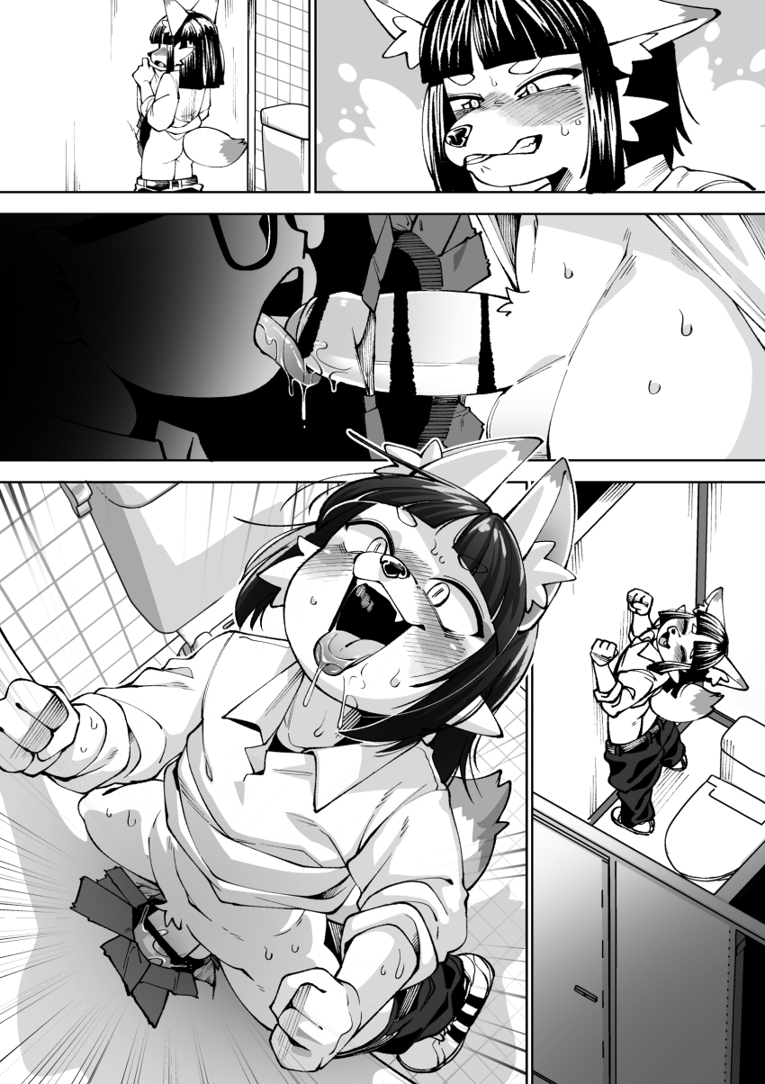 2boys absurdres blush fellatio furry furry_male glory_hole highres kaminosaki licking licking_penis male_focus multiple_boys oral penis public_restroom shoes shota tagme toilet_stall yaoi