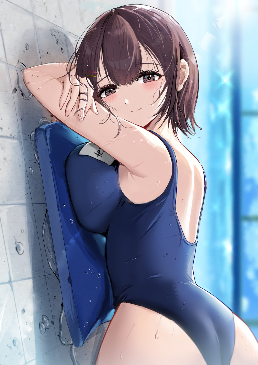 1girl absurdres blue_one-piece_swimsuit blush breast_press breasts brown_eyes brown_hair closed_mouth colored_eyelashes enma_daio fingernails highres large_breasts long_fingernails looking_at_viewer lying on_stomach one-piece_swimsuit original puddle school_swimsuit short_hair sideways smile solo swimsuit wet wet_clothes wet_swimsuit