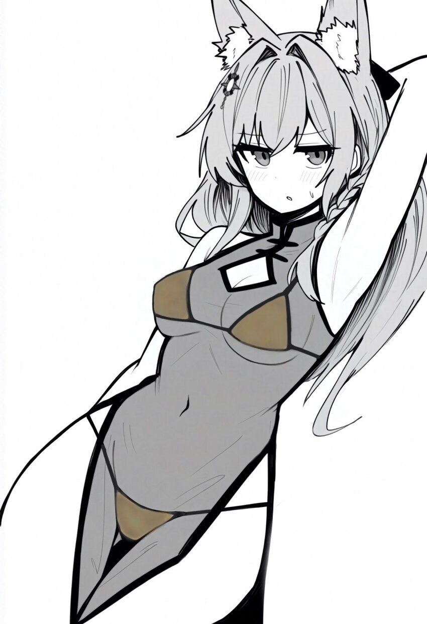 1girl alternate_costume animal_ear_fluff animal_ears arknights arm_behind_back arm_behind_head arm_up armpits bikini breasts china_dress chinese_clothes cleavage cleavage_cutout clothing_cutout cowboy_shot dress golden_week greyscale hair_intakes highres light_blush long_hair looking_at_viewer makigirisu medium_breasts monochrome navel parted_lips pelvic_curtain pozyomka_(arknights) see-through_clothes see-through_dress side_slit simple_background sleeveless sleeveless_dress solo spot_color standing sweatdrop swimsuit white_background yellow_bikini
