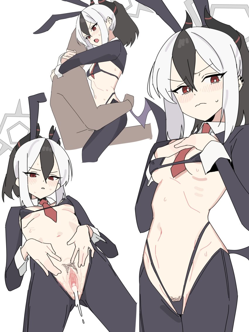 1boy 1girl absurdres after_vaginal aftersex animal_ears between_breasts bikini black_bikini black_hair black_horns blue_archive blush breasts closed_mouth cum cum_in_pussy cumdrip fake_animal_ears female_pubic_hair grey_halo hair_between_eyes halo hetero highleg highres hiphighs horns kayoko_(blue_archive) long_sleeves multicolored_hair multiple_views navel necktie necktie_between_breasts ponytail pubic_hair purple_wings rabbit_ears red_eyes sex shrug_(clothing) simple_background single_wing small_breasts stomach straddling swimsuit toriko_(honmono) two-tone_hair uncensored upright_straddle white_background white_hair wings