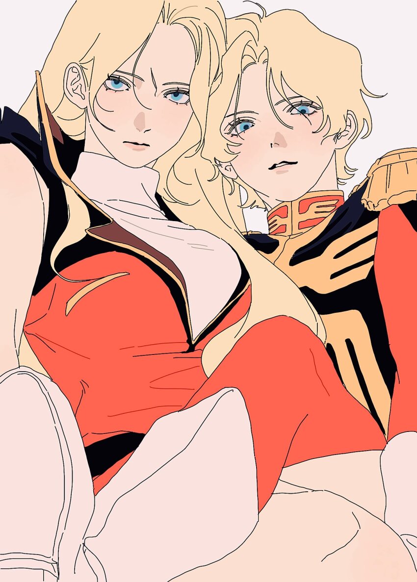 1boy 1girl blonde_hair blue_eyes char_aznable dual_persona epaulettes genderswap genderswap_(mtf) grey_background gundam highres jacket kena131 long_hair long_sleeves looking_at_viewer military_uniform mobile_suit_gundam quattro_bajeena short_hair simple_background sleeveless visible_ears zeon