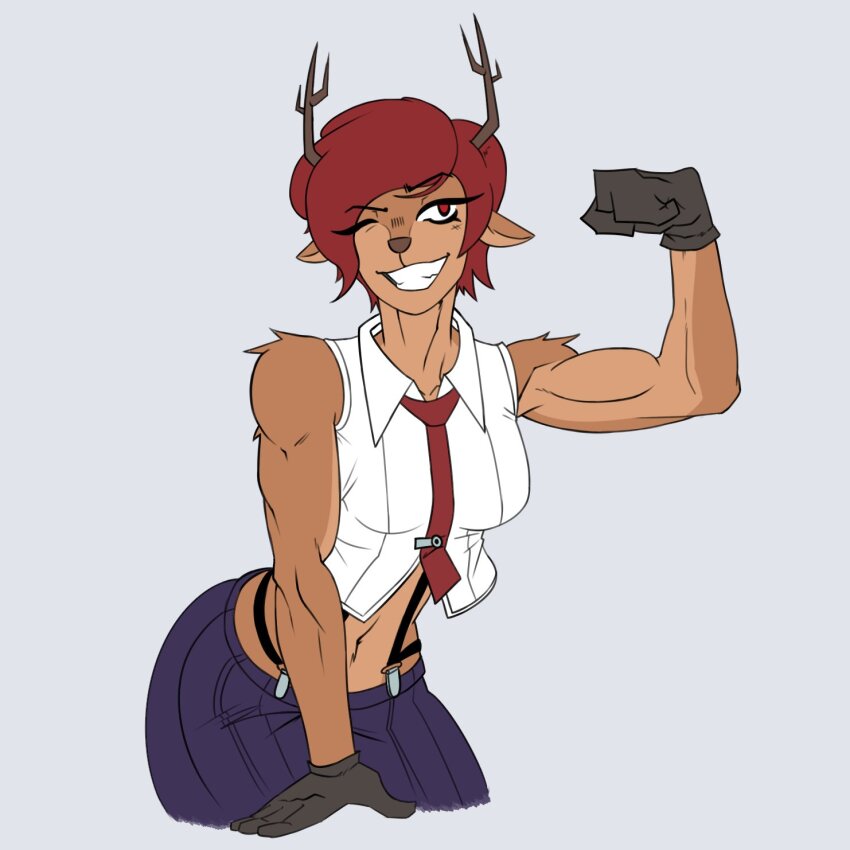 1girl ass breasts deer deer_girl female_focus formal_clothes gloves medium_breasts pangua__ pants red_eyes red_hair shirt short_hair smile smiley_face the_king_of_fighters thick_thighs thighs vanessa_(kof) white_shirt