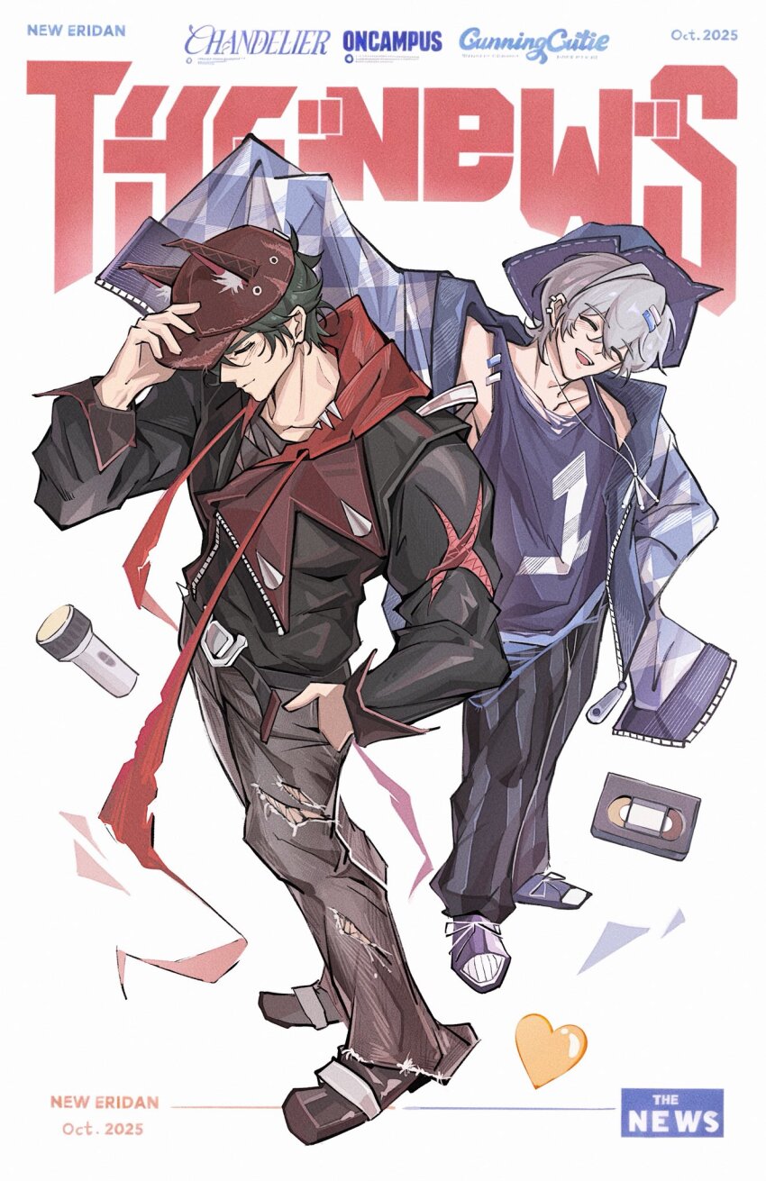 2boys animal_hat baibian6665 bare_shoulders baseball_cap belt black_jacket black_pants black_shirt blue_jacket blue_tank_top blush brown_pants brown_shoes cassette_tape cat_hat closed_eyes collarbone ear_piercing english_text flashlight from_above green_hair grey_hair hair_between_eyes hand_in_pocket hand_on_headwear hashtag-only_commentary hat heart highres implied_yaoi jacket jewelry light_smile lighter_(zenless_zone_zero) male_focus multiple_boys necklace open_mouth pants piercing red_hat red_scarf scarf shirt shoes short_hair socks striped_clothes striped_pants tank_top teeth torn_clothes torn_pants torn_scarf torn_shirt unzipped upper_teeth_only white_background white_socks wise_(zenless_zone_zero) zenless_zone_zero zipper zipper_pull_tab