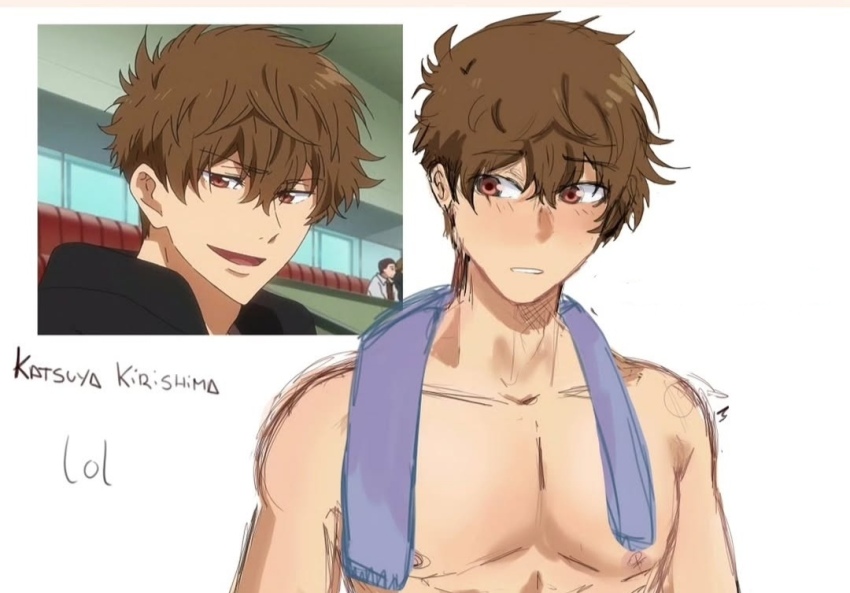 1boy bare_shoulders blush brown_eyes brown_hair free! hair_intakes kirishima_natsuya male_focus messy_hair non-web_source short_hair simple_background solo tagme towel towel_around_neck
