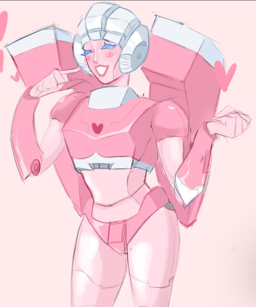 1girl arcee backpack bag blue_eyes colored_skin helmet highres humanoid_robot kisscement metal_skin pink_lips pink_skin robot robot_girl science_fiction smile solo transformers transformers:_generation_1 white_helmet