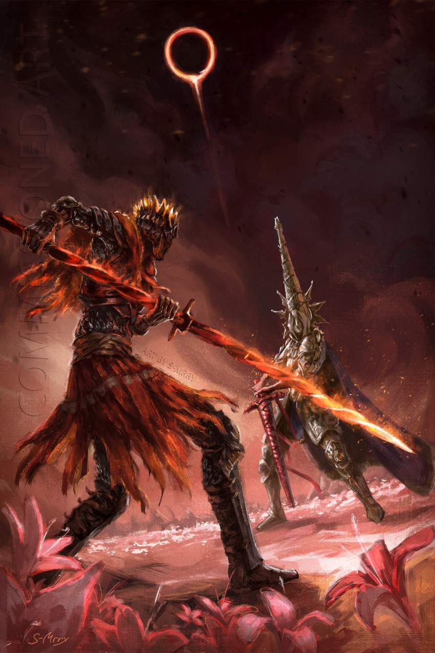 1boy 1other armor black_sun blasphemous bloodexer blue_cape cape coiled_sword commentary commission crisanta_of_the_wrapped_agony crossover dark_souls_(series) dark_souls_iii fighting_stance flower full_armor highres holding holding_sword holding_weapon pink_flower soul_of_cinder standing sun sword triangular_headpiece watermark weapon