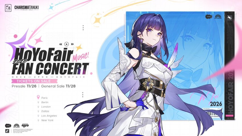 1girl blue_gloves breasts closed_mouth commentary detached_sleeves dress earrings english_commentary english_text gloves honkai_(series) honkai_impact_3rd hoyofair jewelry large_breasts long_hair official_art purple_eyes purple_hair raiden_mei raiden_mei_(apho) solo very_long_hair white_dress zoom_layer