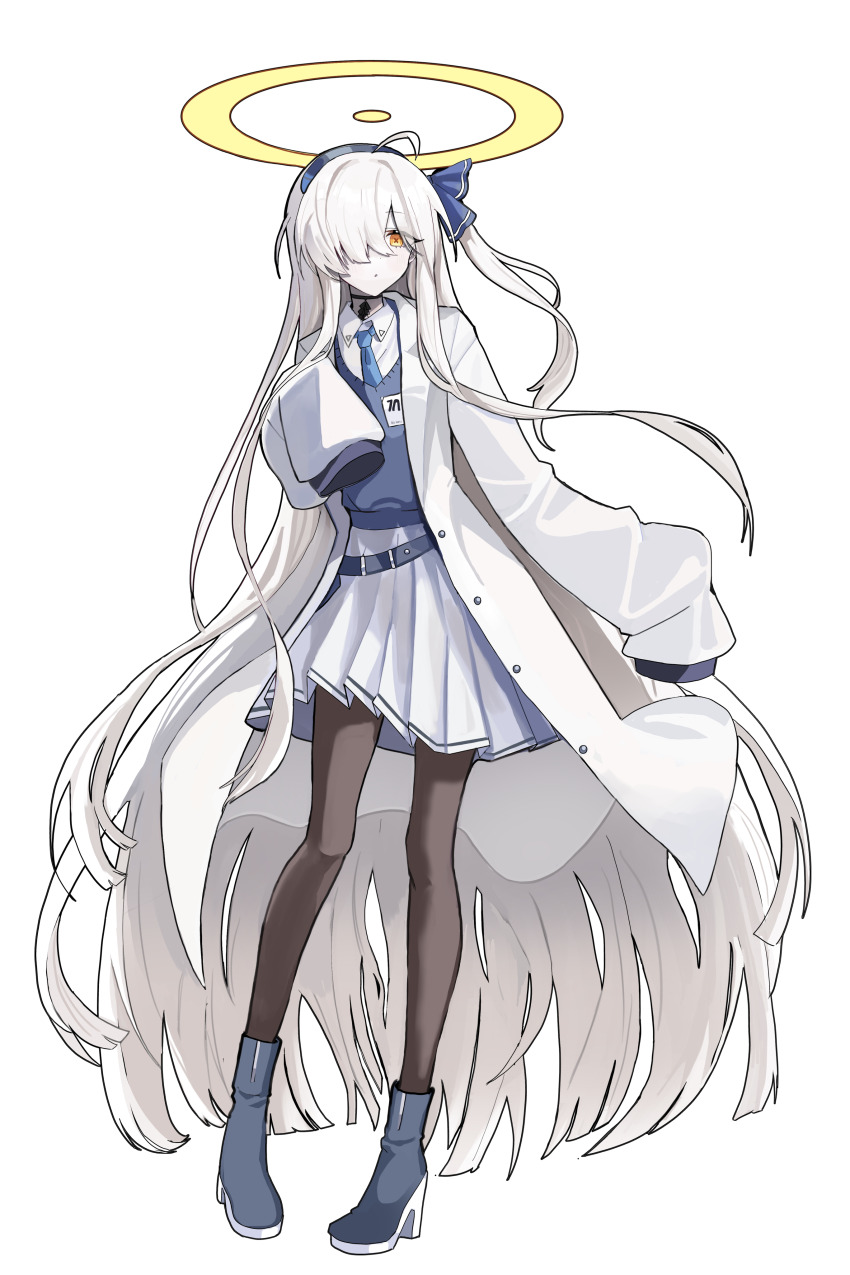 1girl absurdres ahoge belt black_pantyhose blue_archive blue_boots blue_necktie blue_sweater boots coat collared_shirt commentary_request full_body g1_(user_tjwy5444) halo highres long_hair looking_at_viewer malkuth_(blue_archive) necktie open_clothes open_coat pantyhose pleated_skirt shirt skirt sleeves_past_fingers sleeves_past_wrists solo standing sweater transparent_background very_long_hair vest white_coat white_hair white_skirt yellow_eyes