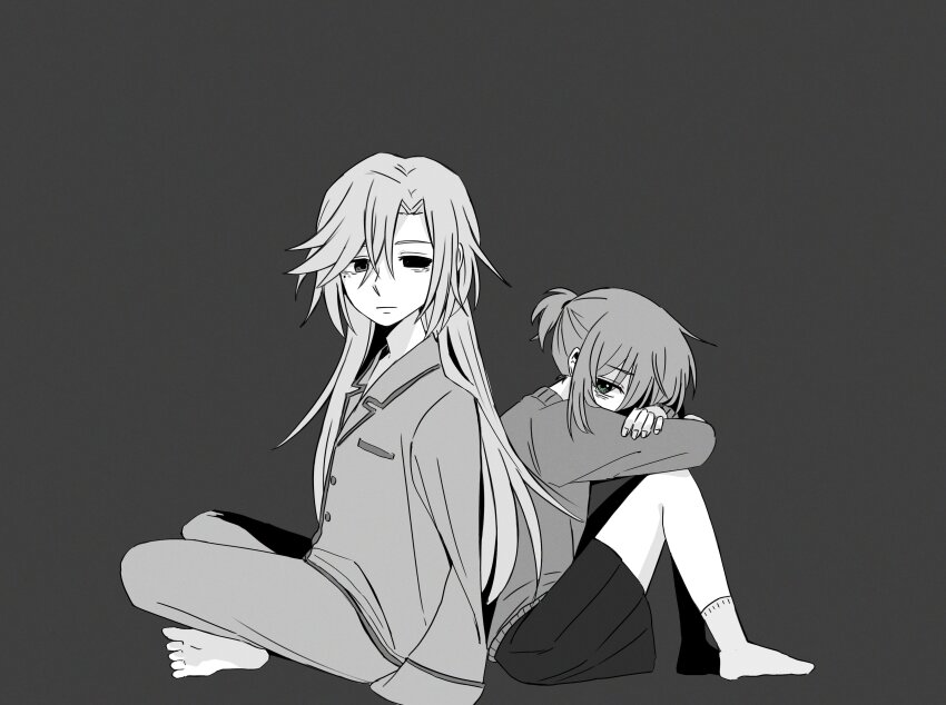1boy 1girl absurdres barefoot closed_mouth delfuze eye_socket from_side green_eyes grey_background hatori_chise highres joseph_cartaphilus long_hair long_sleeves looking_at_viewer mahou_tsukai_no_yome miniskirt mole mole_under_eye pajamas ponytail simple_background skirt socks spot_color sweater