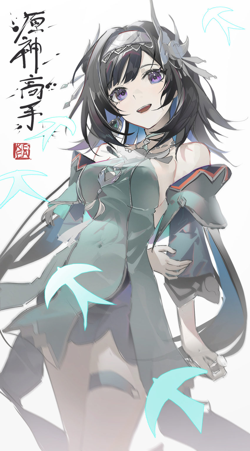 absurdres arm_behind_back bare_shoulders bird_hair_ornament black_hair breasts detached_sleeves dress earrings genshin_impact green_dress green_sleeves hair_ornament highres jewelry lan_yan_(genshin_impact) long_hair medium_breasts purple_eyes refa silver_hairband silver_necklace single_earring smile thigh_strap