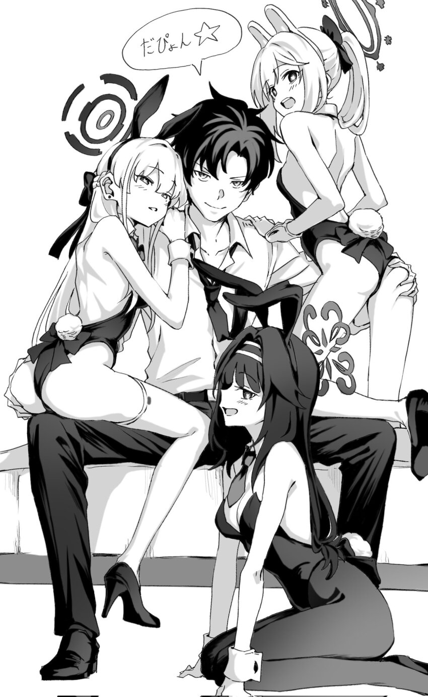1boy 3girls alternate_costume animal_ear_hairband animal_ears ass back bare_shoulders blue_archive fake_animal_ears fake_tail grabbing_another&#039;s_ass greyscale groping hairband halo highres leotard long_hair looking_at_viewer miyako_(blue_archive) momomatang monochrome multiple_girls official_alternate_costume playboy_bunny rabbit-shaped_pupils rabbit_ears rabbit_tail sensei_(blue_archive) sensei_(blue_archive_the_animation) simple_background sitting smile speech_bubble spoken_star spread_legs star_(symbol) strapless strapless_leotard symbol-shaped_pupils tail thighhighs toki_(blue_archive) toki_(bunny)_(blue_archive) tsumugi_(blue_archive) white_background wrist_cuffs