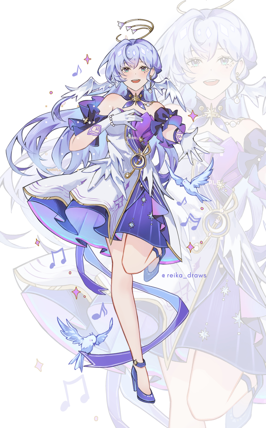 1girl absurdres aqua_hair bare_shoulders bird bird_tail bird_wings breasts dress feathered_wings feathers full_body gloves green_eyes hair_between_eyes head_wings high_heels highres honkai:_star_rail honkai_(series) jewelry long_hair looking_at_viewer medium_breasts musical_note reika_(reikadraws) robin_(honkai:_star_rail) smile strapless strapless_dress tail thighs twitter_username white_dress white_gloves wings