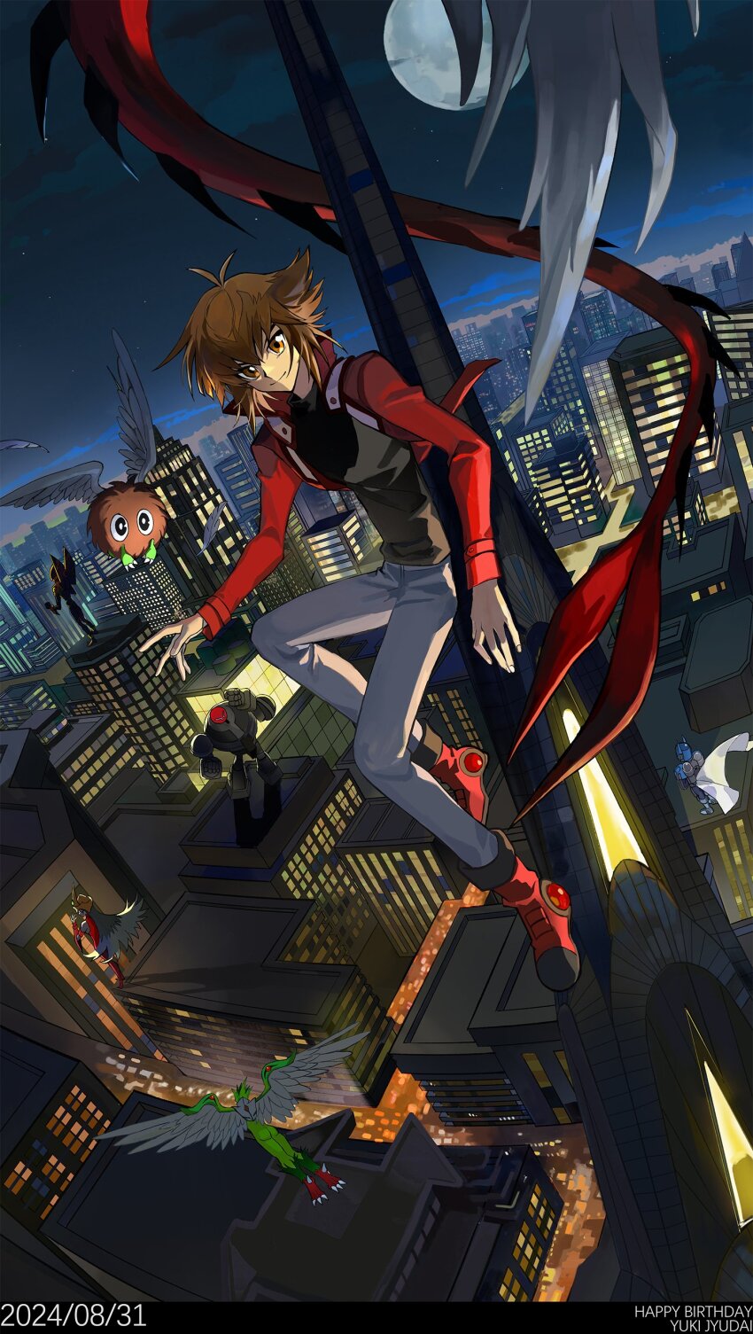 1girl 6+boys absurdres black_shirt body_fur boots brown_eyes brown_fur brown_hair building dated dollyjaa duel_monster elemental_hero_avian elemental_hero_bubbleman elemental_hero_burstinatrix elemental_hero_clayman elemental_hero_flame_wingman elemental_hero_sparkman english_text full_moon happy_birthday highres jacket looking_at_viewer male_focus medium_hair midair moon multiple_boys night pants red_footwear red_jacket red_tail shirt skyscraper smile solo_focus white_pants winged_kuriboh yu-gi-oh! yu-gi-oh!_gx yuki_judai