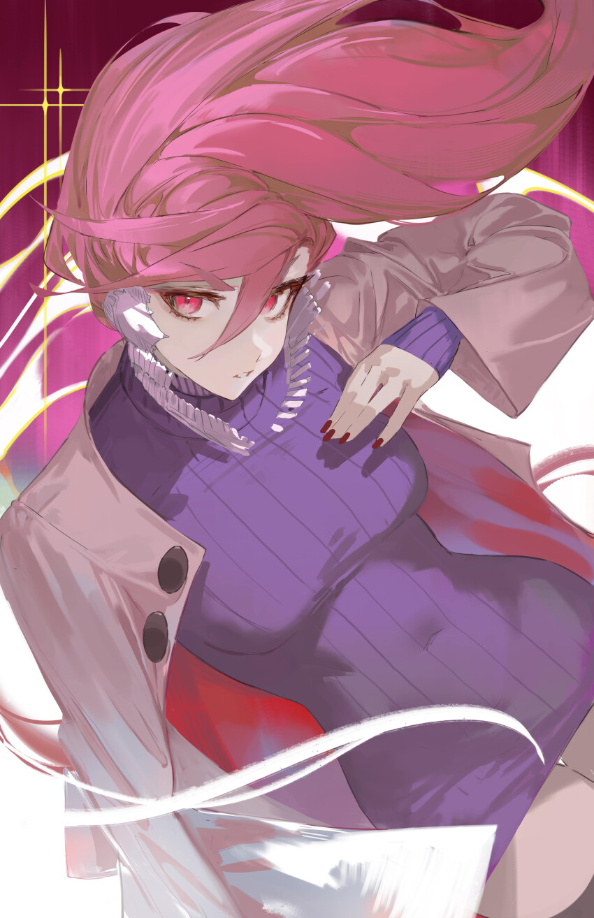 1girl absurdres acrobatic_silky_(dandadan) coat cowboy_shot dandadan darr1o dutch_angle floating_hair hair_between_eyes highres long_hair long_hair_between_eyes looking_at_viewer mask mouth_mask pink_hair purple_coat purple_sweater red_eyes red_nails shiratori_aira_(dandadan) solo sweater thighhighs turtleneck zettai_ryouiki