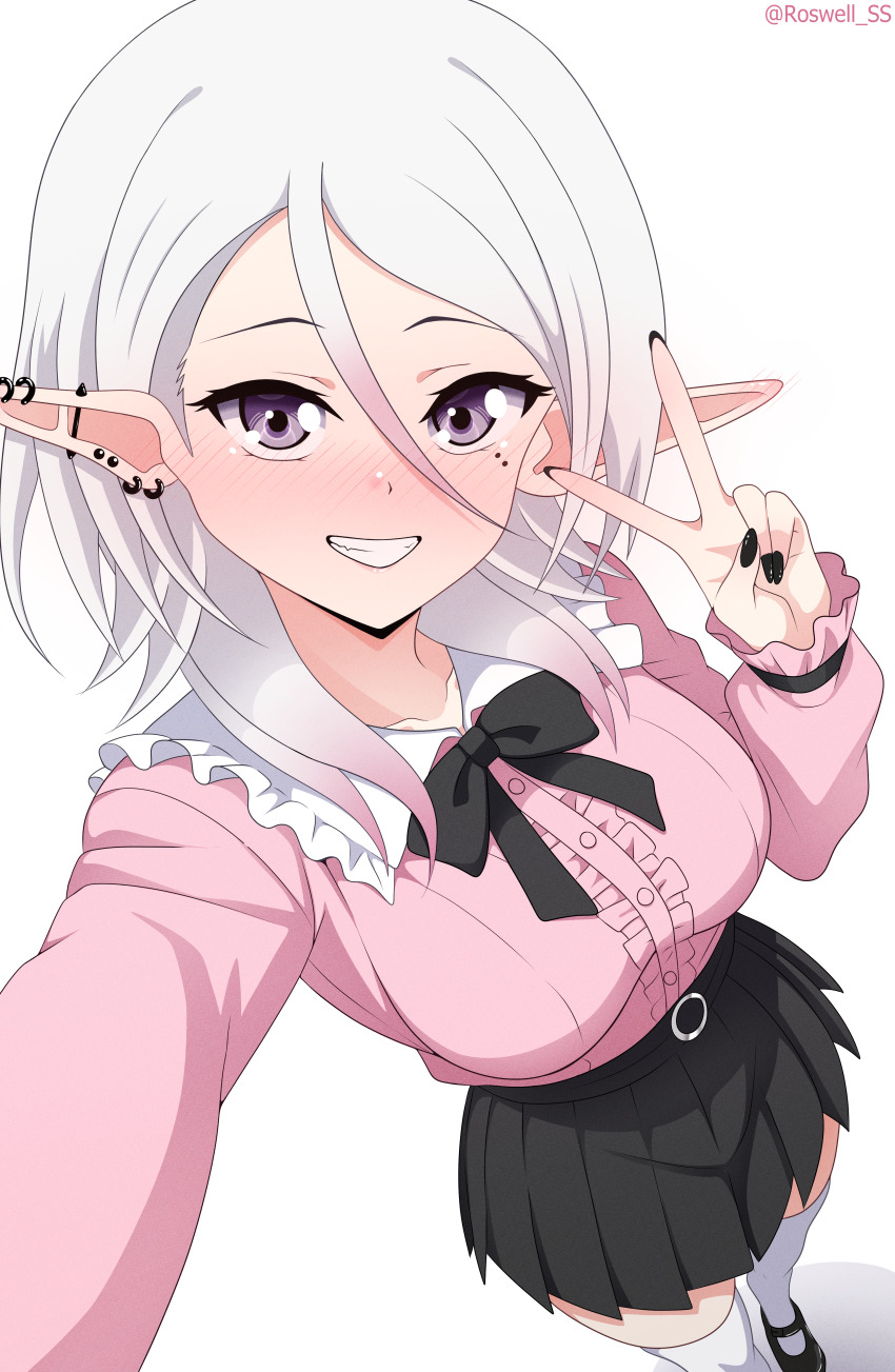 1girl absurdres black_skirt blush breasts ear_piercing elf enis_(roswell_ss) frilled_shirt frills gradient_hair grey_hair heart heart_o-ring high-waist_skirt highres jirai_kei large_breasts looking_at_viewer mole mole_under_eye multicolored_hair o-ring original piercing pink_hair pink_shirt pleated_skirt pointy_ears purple_eyes roswell_ss selfie shirt skirt smile solo thighhighs v white_thighhighs
