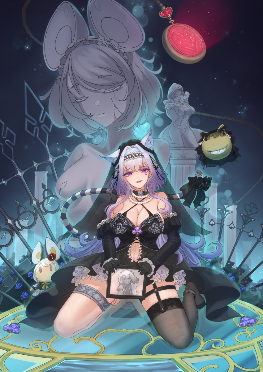 1girl absurdres alternate_costume animal_ears asymmetrical_legwear black_thighhighs breasts cat_ears cat_girl clothing_cutout collarbone dress duel_monster funeral_dress funeral_veil garter_straps highres holding holding_photo large_breasts looking_at_viewer maliss_&lt;p&gt;_chessy_cat maliss_&lt;p&gt;_dormouse megatron_(pixiv16907671) navel navel_cutout open_mouth photo_(object) picture_frame purple_eyes purple_hair short_hair smile solo statue thighhighs veil white_thighhighs yu-gi-oh!