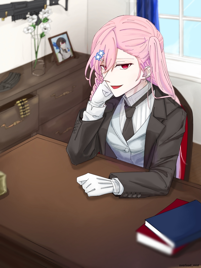 1girl 1maginary_un1t alternate_costume ammunition black_jacket black_necktie book braid collared_shirt drawer flower girls&#039;_frontline gloves grey_vest gun hair_between_eyes hair_ornament hexagram high_collar highres imi_negev jacket jericho_(girls&#039;_frontline) light_machine_gun long_hair long_sleeves looking_at_viewer machine_gun magazine_(weapon) necktie negev_(girls&#039;_frontline) one_side_up open_mouth pink_hair portrait_(object) red_eyes shirt side_braid solo star_of_david table vest weapon white_flower white_gloves white_shirt window