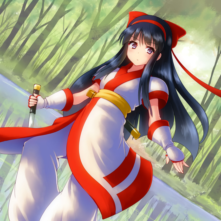 1girl ainu_clothes breasts clenched_hand fingerless_gloves forest gloves grey_eyes hair_ribbon highres kasabou legs long_hair looking_at_viewer medium_breasts nakoruru nature pants ribbon samurai_spirits serious snk solo the_king_of_fighters thighs very_long_hair walking water weapon