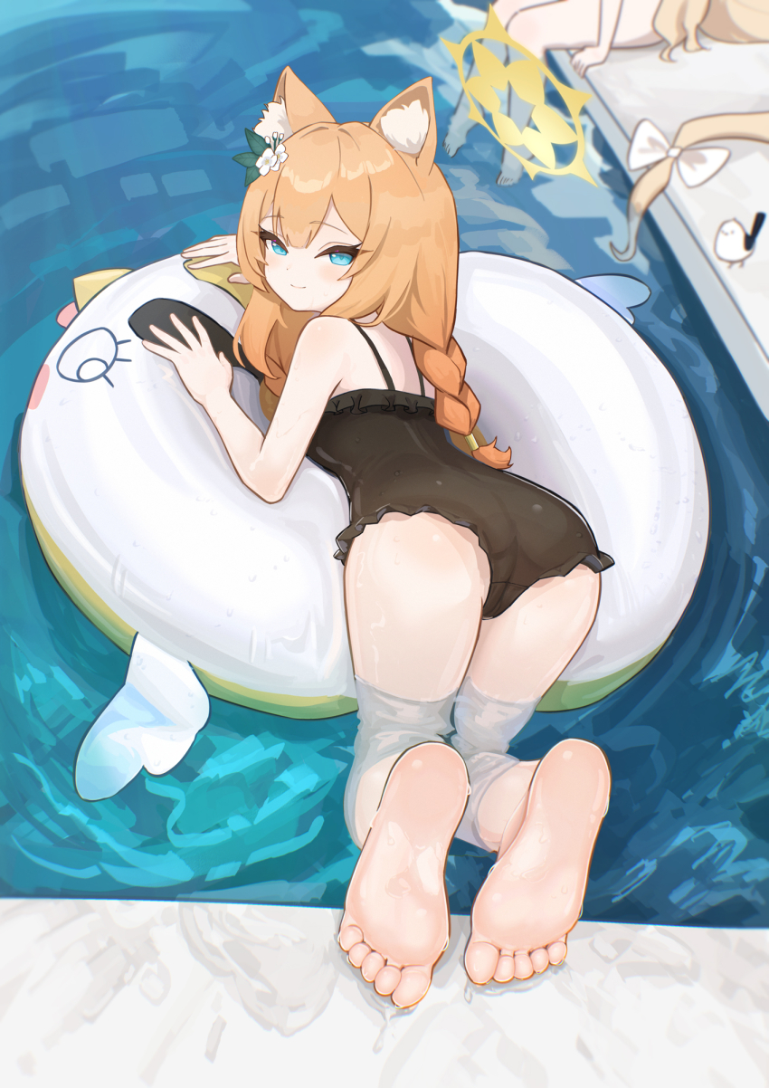 2girls animal_ear_fluff arm_support bare_legs barefoot black_one-piece_swimsuit blue_archive blue_eyes braid cameltoe chack520 closed_mouth commentary_request feet foot_focus frilled_one-piece_swimsuit frills from_above from_behind full_body hair_between_eyes highres long_hair looking_at_viewer looking_back lying mari_(blue_archive) mari_(swimsuit)_(blue_archive) multiple_girls official_alternate_costume on_stomach one-piece_swimsuit orange_hair seia_(blue_archive) sitting smile soles swim_ring swimsuit toes yellow_eyes