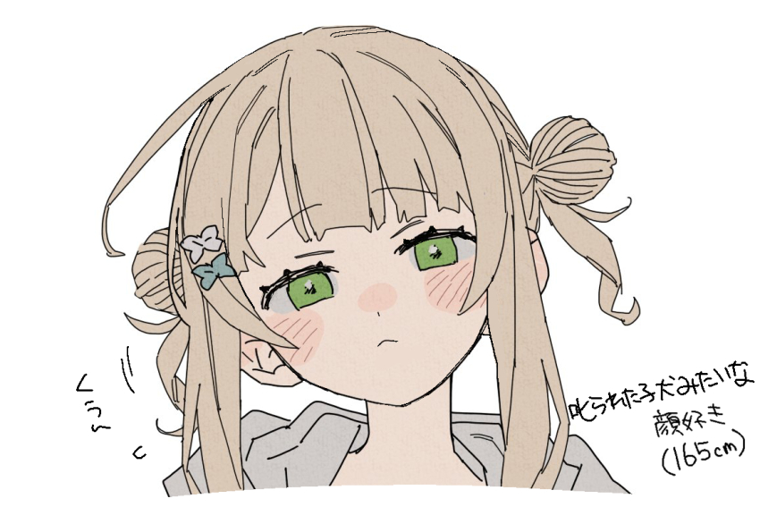 1girl ahoge bad_id bad_pixiv_id blonde_hair dayama double_bun flat_color green_eyes grey_hoodie hair_bun hair_ornament hairclip hood hood_down hoodie kaburaki_roco long_sidelocks looking_at_viewer nijisanji sidelocks simple_background sketch solo translation_request upper_body virtual_youtuber white_background