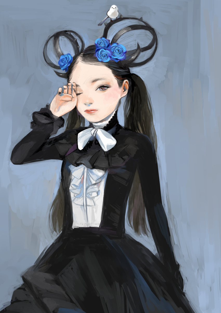 1girl absurdres arm_up bird black_hair black_nails blue_flower blue_rose bow dress expressionless flower frills hair_ornament highres horns junjunforever lips long_hair looking_at_viewer multicolored_eyes nail_polish one_eye_closed original parted_bangs pink_eyes rose rubbing_eyes spikes twintails