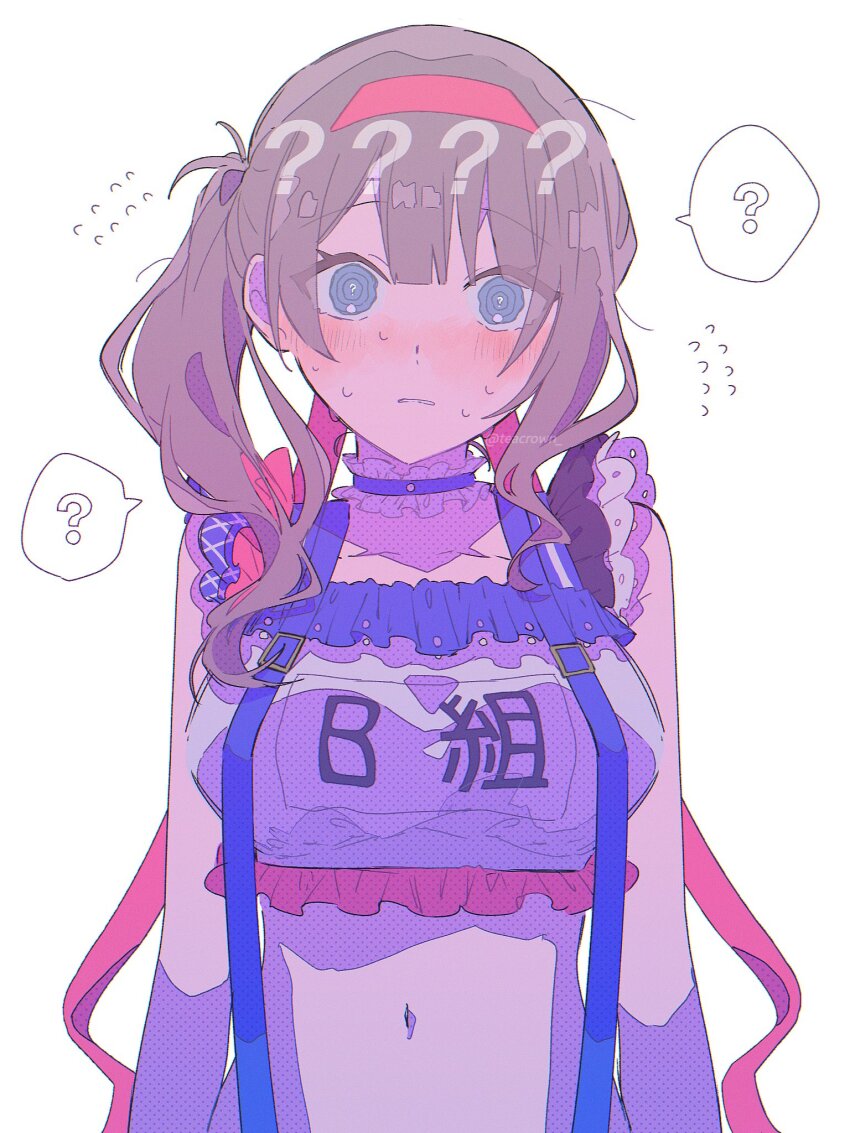 1girl ? ?? @_@ arms_at_sides bare_arms blue_choker blue_eyes blunt_bangs breasts brown_hair choker clothes_writing collarbone commentary crop_top doily eyelashes eyes_visible_through_hair flying_sweatdrops frilled_choker frills halftone hashire!_taiikumatsuri!_~jikkou_iin_wa_ooisogashi~_(project_sekai) headband highres large_breasts light_blush looking_at_viewer mochizuki_honami navel nervous parted_bangs parted_lips pink_headband project_sekai question_mark_in_eye shy side_ponytail simple_background single_sidelock solo speech_bubble spoken_question_mark sportswear stomach suspenders sweat symbol-only_commentary symbol_in_eye teacrown twitter_username upper_body wavy_hair white_background wide-eyed