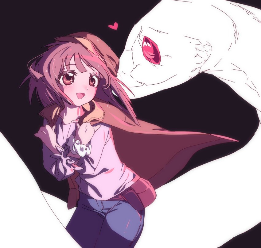 1girl animal black_background blue_pants brown_eyes brown_hair cowboy_shot deerstalker hat heart highres jacket jacket_on_shoulders kuchinawa long_sleeves looking_at_another monogatari_(series) open_mouth oppai6owo orange_hat orange_jacket oversized_animal pants pink_shirt pouch sengoku_nadeko shirt short_hair simple_background smile snake solo white_snake