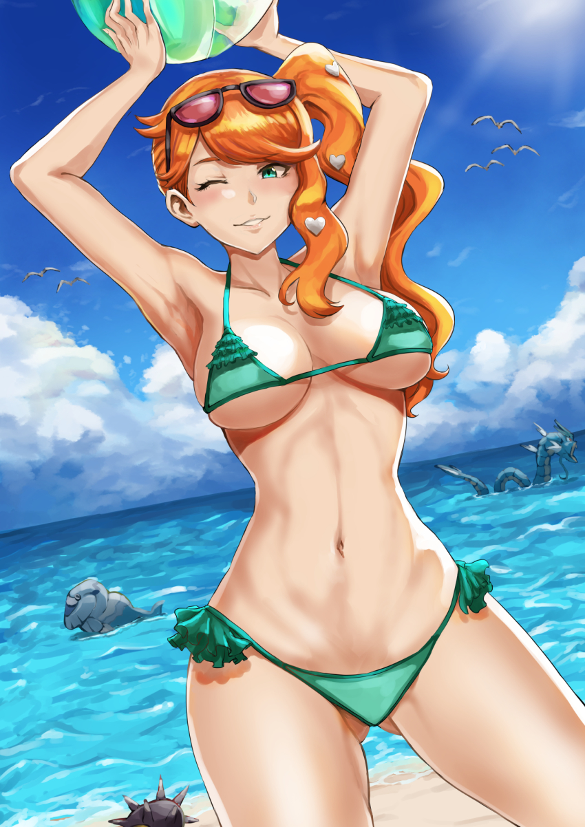 1girl aqua_eyes arctovish armpits arms_up ball bare_shoulders beach beachball bikini blue_sky blush breasts cleavage cloud collarbone commentary_request cowboy_shot day eyewear_on_head gen_1_pokemon gen_2_pokemon gen_3_pokemon gen_8_pokemon gluteal_fold green_bikini groin gyarados hair_ornament halterneck heart heart_hair_ornament highres holding holding_ball jojobirdz large_breasts long_hair looking_at_viewer midriff navel nintendo ocean one_eye_closed orange_hair outdoors parted_lips pokemon pokemon_(creature) pokemon_swsh qwilfish sand side_ponytail sky smile solo_focus sonia_(pokemon) standing sunglasses sunlight swept_bangs swimsuit underboob wingull