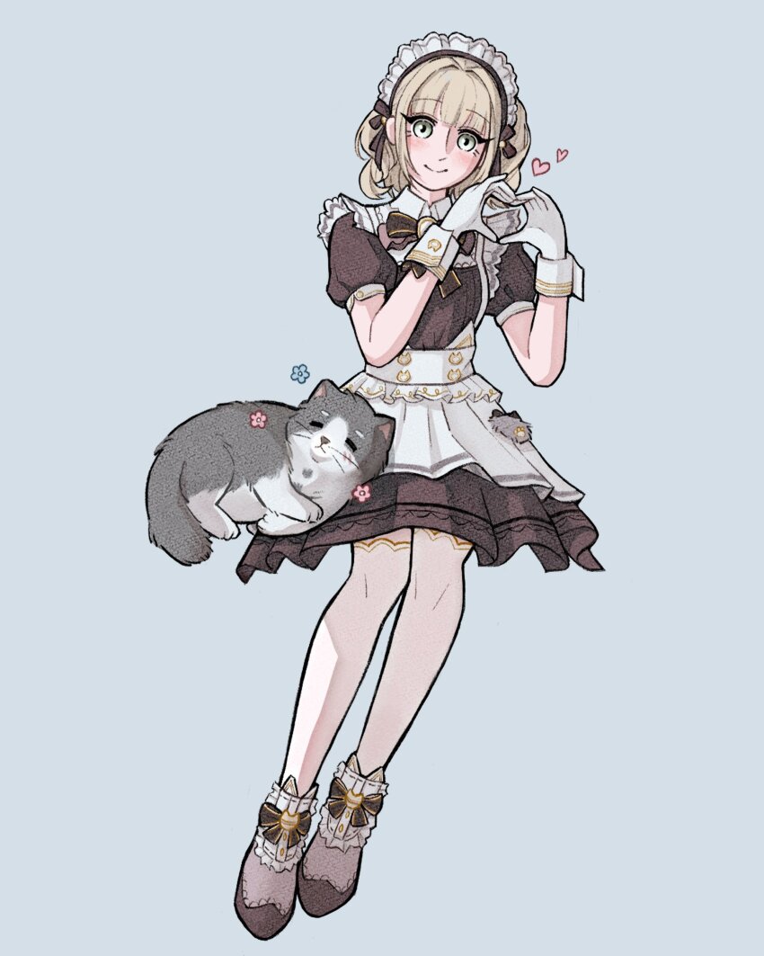 1girl absurdres apron black_bow black_bowtie black_dress blonde_hair blue_background blue_flower boots bow bowtie breezy_tea_time_(infinity_nikki) brown_boots brown_bow brown_hairband buttons cat closed_mouth collared_shirt commentary corset dress english_commentary eyelashes flower footwear_bow frilled_footwear full_body gloves green_eyes hair_bow hairband happy heart heart_hands highres infinity_nikki invisible_chair light_blush looking_at_viewer maid maid_headdress medium_dress medium_hair nikki_(series) nxnjakat over-kneehighs pink_flower pocket puffy_short_sleeves puffy_sleeves shirt shirt_under_dress shirtcat short_sleeves simple_background sitting sleeping smile socks solo thighhighs two_side_up white_apron white_corset white_gloves white_shirt white_socks white_wrist_cuffs wrist_cuffs