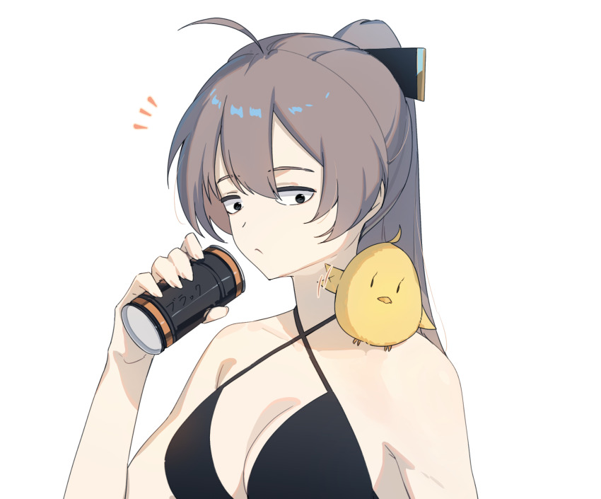 1girl ahoge azur_lane baby_animal bare_shoulders bikini bird black_bikini black_eyes breasts brown_hair can chick cleavage closed_mouth criss-cross_halter drink_can hair_between_eyes halterneck hand_up hatski.sin high_ponytail highres holding holding_can jean_bart_(azur_lane) long_hair looking_down manjuu_(azur_lane) medium_breasts ponytail simple_background solo swimsuit upper_body white_background