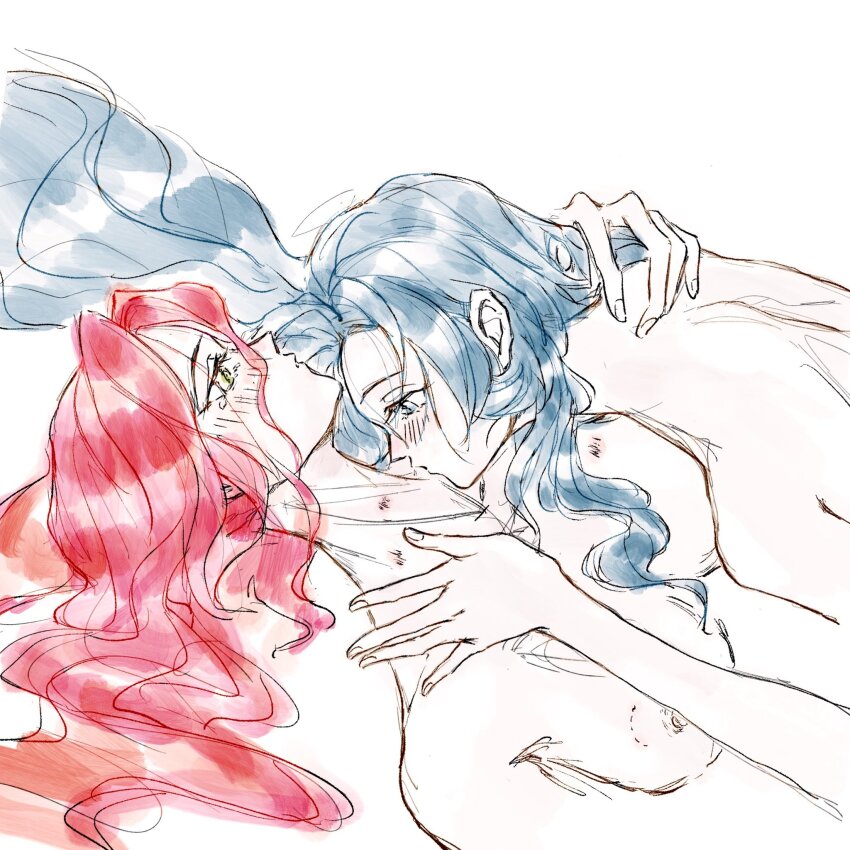 2girls 37_(reverse:1999) bite_mark bite_mark_on_breast blue_eyes blue_hair blush breasts chinese_commentary commentary_request hand_on_another&#039;s_neck hickey highres kirimaro0_0 long_hair medium_breasts multiple_girls nipples nude pink_hair reverse:1999 simple_background sophia_(reverse:1999) white_background yellow_eyes yuri