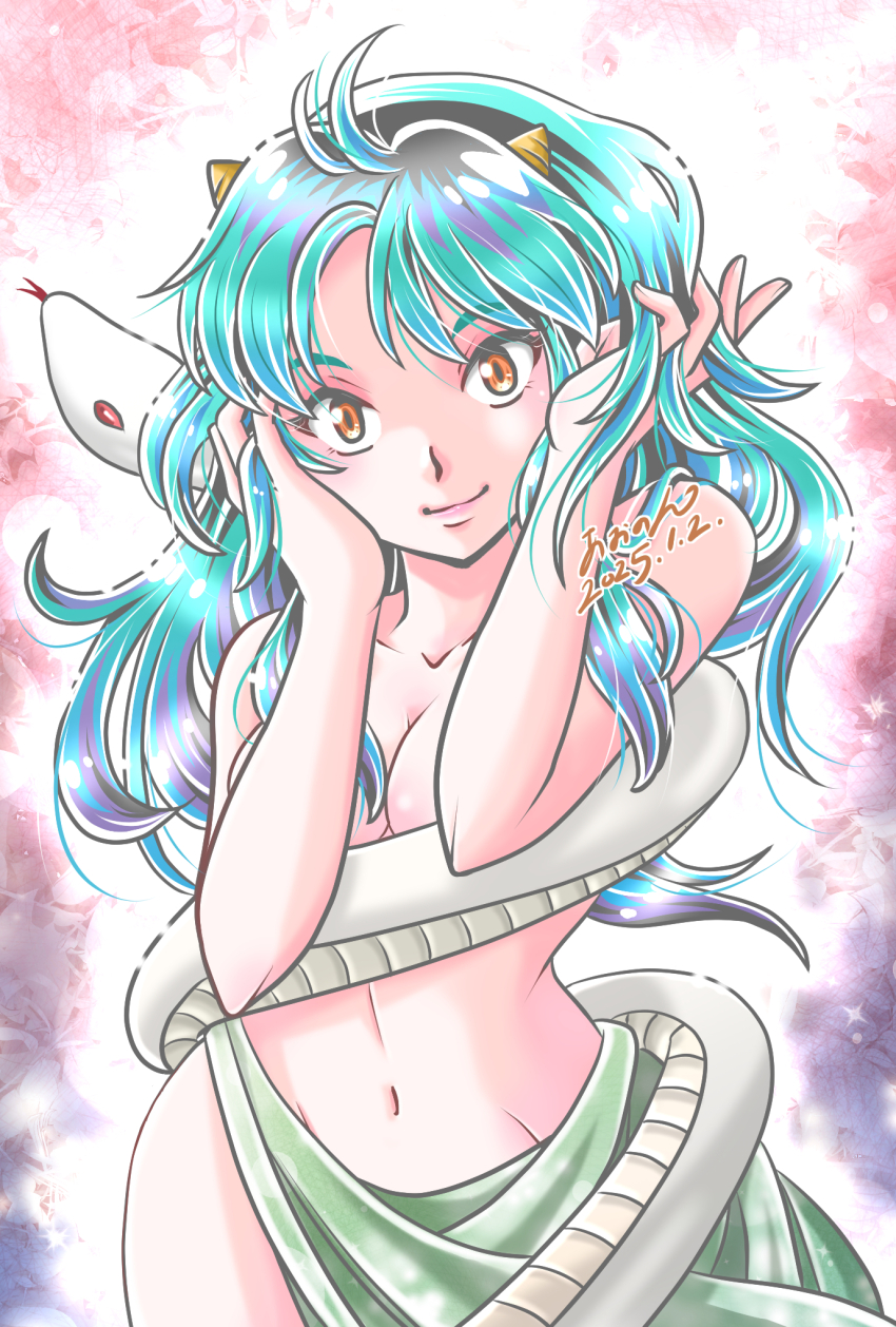 1girl 2025 aononmi bare_arms black_hair blue_hair breasts cleavage closed_mouth dated floating_hair green_skirt groin highres horns long_hair looking_at_viewer lum medium_breasts multicolored_hair navel orange_eyes signature skirt smile snake standing topless_female urusei_yatsura very_long_hair white_snake