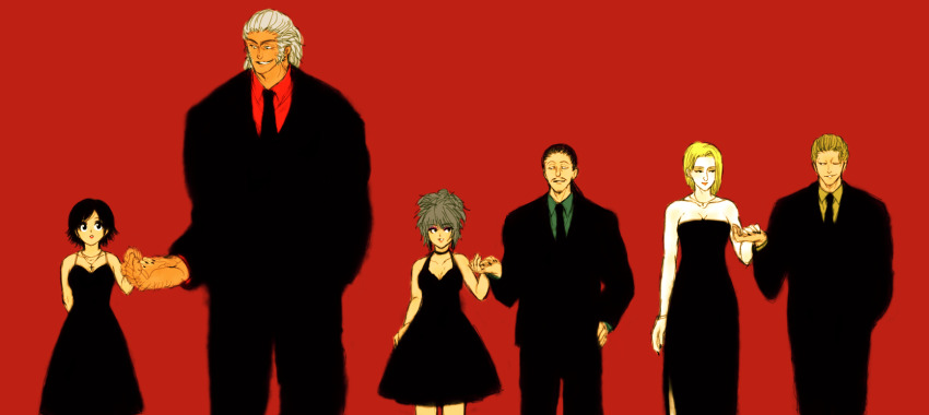 3boys 3girls black_dress black_hair black_suit breasts cleavage cowboy_shot cross cross_necklace dress eye_contact facial_hair formal_clothes grey_hair hair_slicked_back hanba_guyokota hand_grab hand_hair height_difference highres hunter_x_hunter jewelry looking_at_another machi_komacine medium_hair multiple_boys multiple_girls muscular muscular_male mustache mutton_chops necklace nobunaga_hazama pakunoda pencil_mustache phinks_magcub ponytail red_background shizuku_murasaki simple_background smile spiked_hair suit uvogin