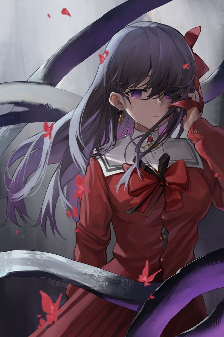 1girl absurdres bow breasts bug butterfly closed_eyes closed_mouth collarbone collared_shirt earrings fate/grand_order fate/stay_night fate_(series) gold_earrings grey_background hair_between_eyes hair_ornament hand_on_own_face highres insect jacket jewelry large_breasts long_hair long_sleeves looking_at_viewer matou_sakura monky night purple_eyes purple_hair red_bow red_butterfly red_jacket red_ribbon red_skirt ribbon shirt skirt solo two-tone_background white_shirt