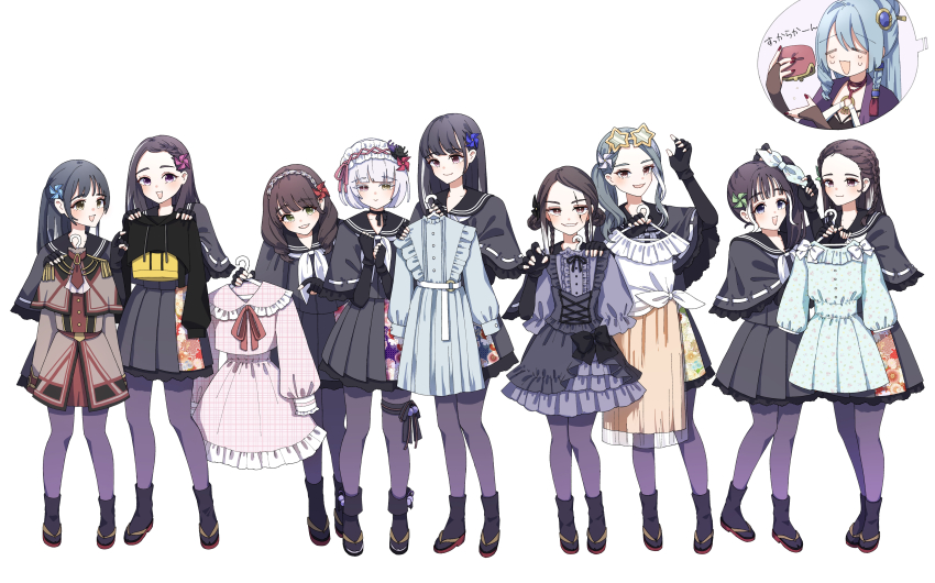 6+girls :&gt; :3 :d =_= absurdres amahara_nue arm_up ascot assault_lily bag belt black_bow black_capelet black_choker black_dress black_flower black_footwear black_gloves black_hair black_hoodie black_ribbon black_sailor_collar black_serafuku black_shirt black_skirt blue_dress blue_eyes blue_flower blue_gemstone blue_hair blue_ribbon blunt_bangs bo_no_hana bow bow_hairband braid braided_bangs braided_bun bridal_gauntlets brown_capelet brown_eyes brown_hair buttons capelet center_frills choker claw_pose closed_mouth clothes_hanger clothes_in_front coin_purse cross-laced_clothes cross-laced_dress crown_braid crying double_bun drawstring dress dress_bow drill_hair drill_sidelocks epaulettes eyewear_on_head fingerless_gloves fingernails floral_print flower forehead frilled_dress frilled_hairband frilled_sleeves frills full_body gem gem_hair_ornament gloves green_eyes green_flower grey_dress grey_hair grey_jacket grin hair_between_eyes hair_bun hair_flower hair_ornament hair_ribbon hair_stick hairband hand_up hands_on_own_chest hands_up hei_no_hana heterochromia highres holding holding_bag holding_hoodie holding_jacket holding_unworn_clothes holding_unworn_dress hood hoodie jacket jin_no_hana ki_no_hana kojima_nadeshiko kou_no_hana layered_dress light_blush long_hair long_sleeves looking_ahead looking_at_another looking_at_viewer looking_to_the_side low_ponytail low_twintails medium_hair miniskirt multicolored_hair multiple_girls nail_polish neck_ribbon neckerchief necktie o-ring o-ring_belt okobo open_bag open_mouth orange_skirt otsu_no_hana pantyhose parted_bangs parted_lips pink_dress pink_eyes pink_flower pink_ribbon plaid_clothes plaid_dress platform_sandals pleated_skirt pointing pointing_at_another ponytail print_ribbon print_skirt puffy_long_sleeves puffy_sleeves purple_eyes purple_flower purple_pantyhose raised_eyebrows red_bow red_flower red_nails red_necktie red_ribbon ribbon ribbon-trimmed_capelet ribbon_choker ribbon_trim sailor_collar sandals scar scar_across_eye scar_on_face school_uniform see-through_clothes serafuku shin_no_hana shirt short_hair short_sleeves side-by-side side_braid side_ponytail sidelocks simple_background single_braid single_hair_bun skirt smile speech_bubble spoken_character standing star-shaped_eyewear star_(symbol) streaked_hair sunglasses tabi tears teeth tei_no_hana thigh_strap twin_braids twin_drills twintails two-tone_dress two-tone_hair unworn_dress unworn_hoodie unworn_jacket upper_teeth_only v-shaped_eyebrows white_ascot white_background white_belt white_bow white_flower white_hair white_hairband white_neckerchief white_shirt yamaguchi_chihiro_(assault_lily) yellow-framed_eyewear yellow_eyes