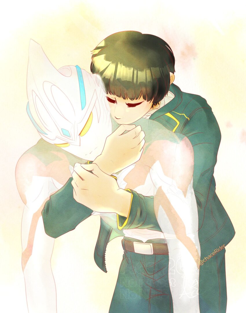 2boys ace_(chacerider) alien alt_text artist_name belt black_belt black_hair black_skin blue_gemstone closed_eyes colored_skin commentary dated english_commentary forehead_jewel gem glowing green_hoodie green_pants highres hize_yuuma hood hoodie hug hug_from_behind male_focus multiple_boys no_pupils pants red_skin see-through_body shirt signature silver_skin tokusatsu twitter_username ultra_series ultraman_arc ultraman_arc_(series) white_background white_shirt yellow_background yellow_eyes