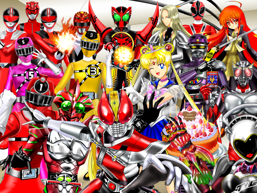bishoujo_senshi_sailor_moon creator_connection crossover highres kamen_rider kamen_rider_amazons kamen_rider_den-o_(series) kobayashi_yasuko luna_rune parted_bangs pretty_guardian_sailor_moon super_sentai tokusatsu