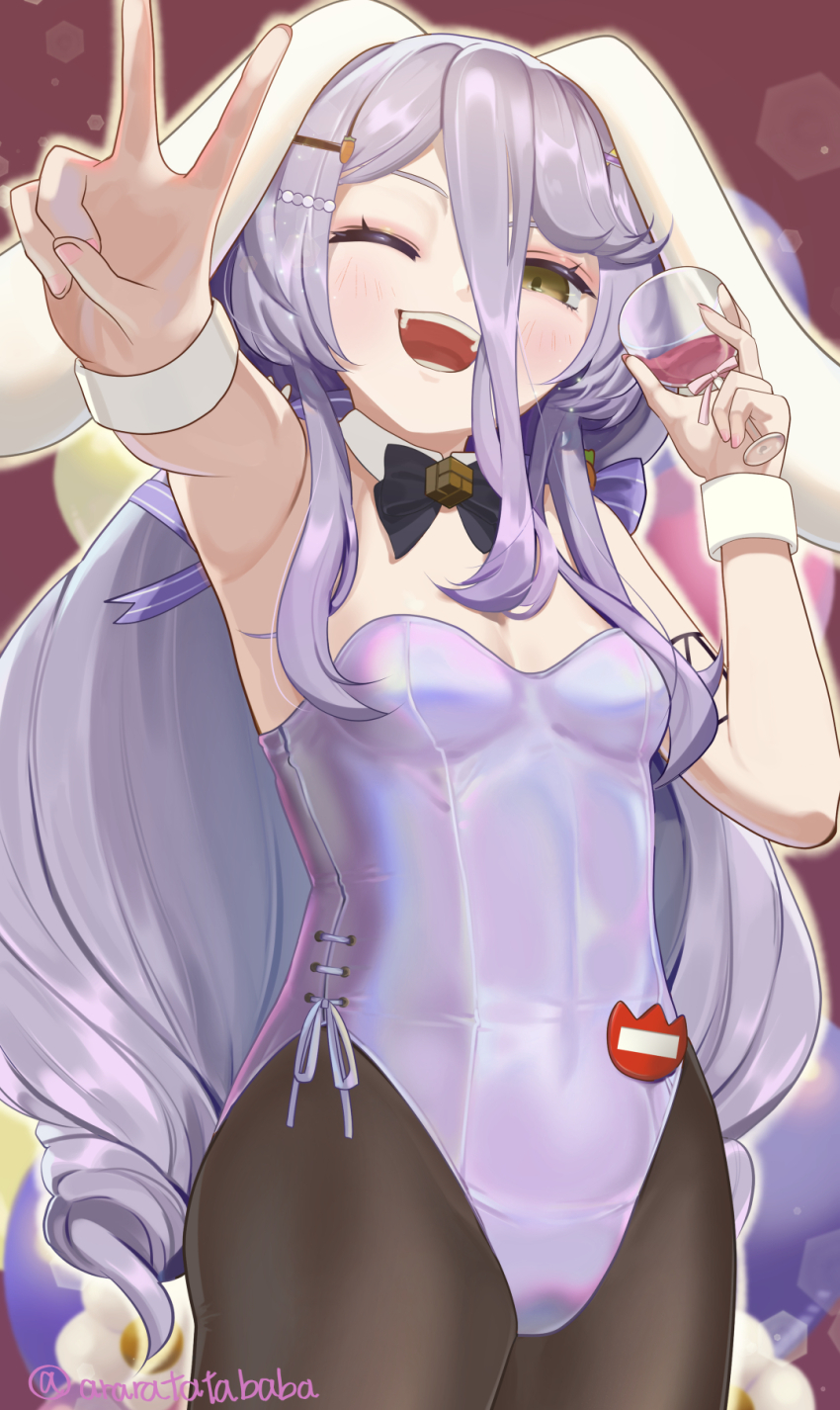 1girl animal_ears breasts cup drinking_glass hair_between_eyes hair_ornament hairpin henya_the_genius henya_the_genius_(bunniversary) highres holding holding_cup leotard long_bangs long_hair playboy_bunny rabbit_ears rabbit_girl ritasato small_breasts smile solo strapless strapless_leotard very_long_hair virtual_youtuber vshojo white_leotard white_wrist_cuffs wine_glass wrist_cuffs yellow_eyes