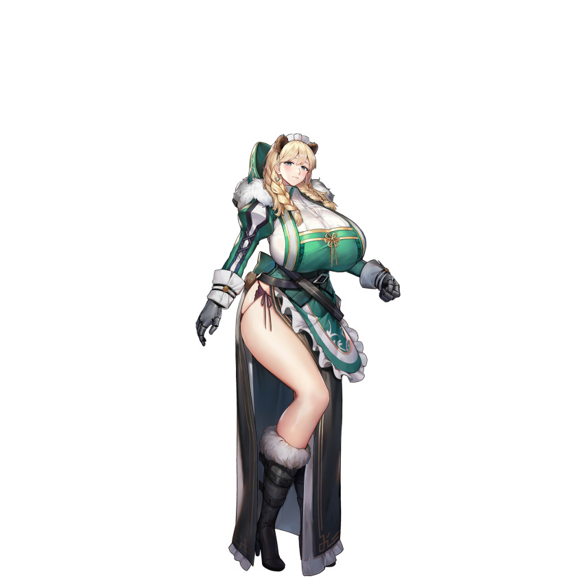 1girl animal_ears apron armored_gloves bear_ears bear_girl bear_tail belt black_belt black_boots blonde_hair blue_eyes boots braid breasts closed_mouth dirndl earrings extra_ears frigga_(last_origin) frilled_apron frills full_body fur-trimmed_boots fur_trim gauntlets german_clothes gigantic_breasts gloves gold_trim hair_between_eyes half-skirt high_heel_boots high_heels highres huge_breasts jam_(nandade) jewelry lace last_origin layered_skirt lingerie long_skirt looking_at_viewer maid_headdress mole mole_under_mouth official_art panties panty_peek panty_straps pigeon-toed side-tie_panties side_slit simple_background skindentation skirt smile solo standing string_panties tachi-e tail thighs third-party_source transparent_background twin_braids underwear white_gloves