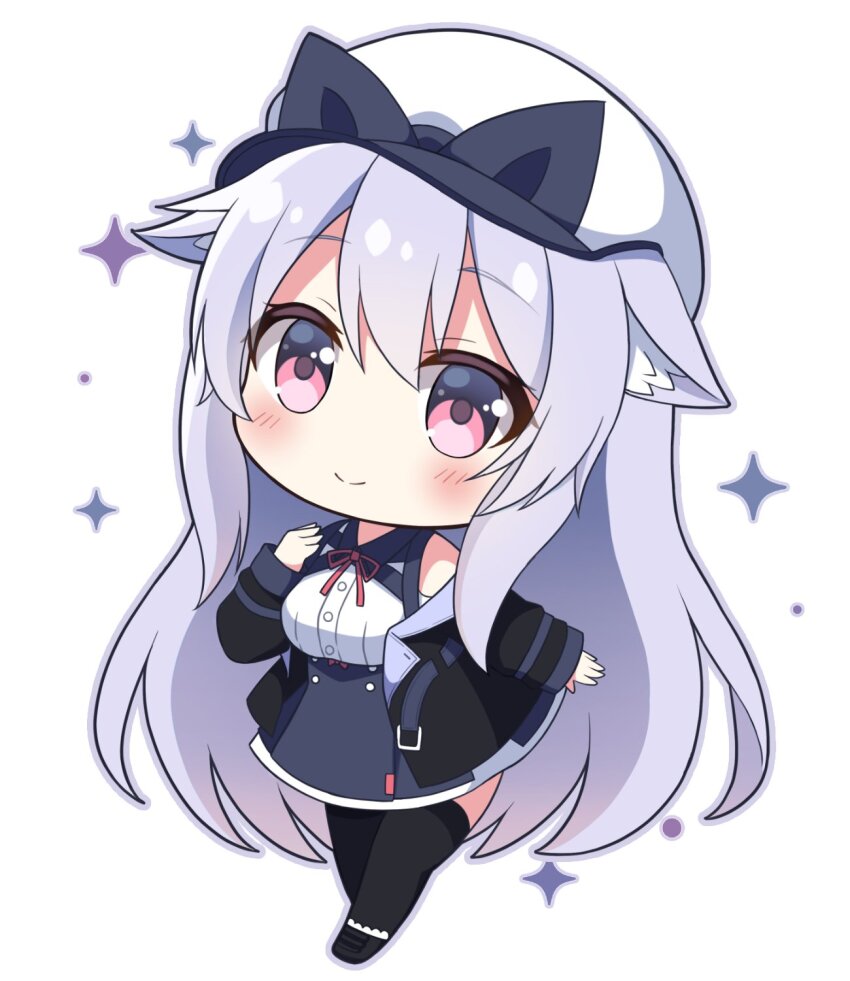1girl animal_ear_fluff animal_ears bare_shoulders black_bow black_jacket black_shoes black_skirt black_thighhighs blue_skirt blush bow breasts cat_ears chibi closed_mouth collared_shirt dress_shirt full_body grey_hair hair_between_eyes hand_up hat hat_bow high-waist_skirt highres jacket kikyo_(vrchat) large_breasts long_hair long_sleeves looking_at_viewer medium_breasts neck_ribbon off_shoulder open_clothes open_jacket outline pink_eyes purple_eyes purple_hair red_eyes red_ribbon ribbon shirt shoes simple_background skirt sleeveless sleeveless_shirt sleeves_past_wrists smile solo sparkle standing thighhighs very_long_hair vrchat white_background white_shirt yukino_(weem4554)