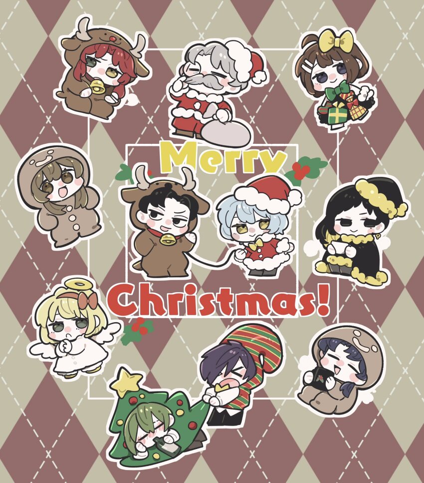 5boys 6+girls ahoge angel angel_wings angela_(project_moon) animal_costume binah_(project_moon) black_dress black_eyes black_hair blue_eyes blue_hair brown_hair chesed_(project_moon) christmas_tree_costume closed_mouth dress gebura_(project_moon) gingerbread_costume halo highres hod_(project_moon) hokma_(project_moon) kojocho05 leash library_of_ruina looking_at_viewer looking_to_the_side malkuth_(project_moon) medium_hair merry_christmas multiple_boys multiple_girls netzach_(project_moon) project_moon reindeer_costume roland_(project_moon) short_hair smile tiphereth_a_(project_moon) white_dress wings yesod_(project_moon)