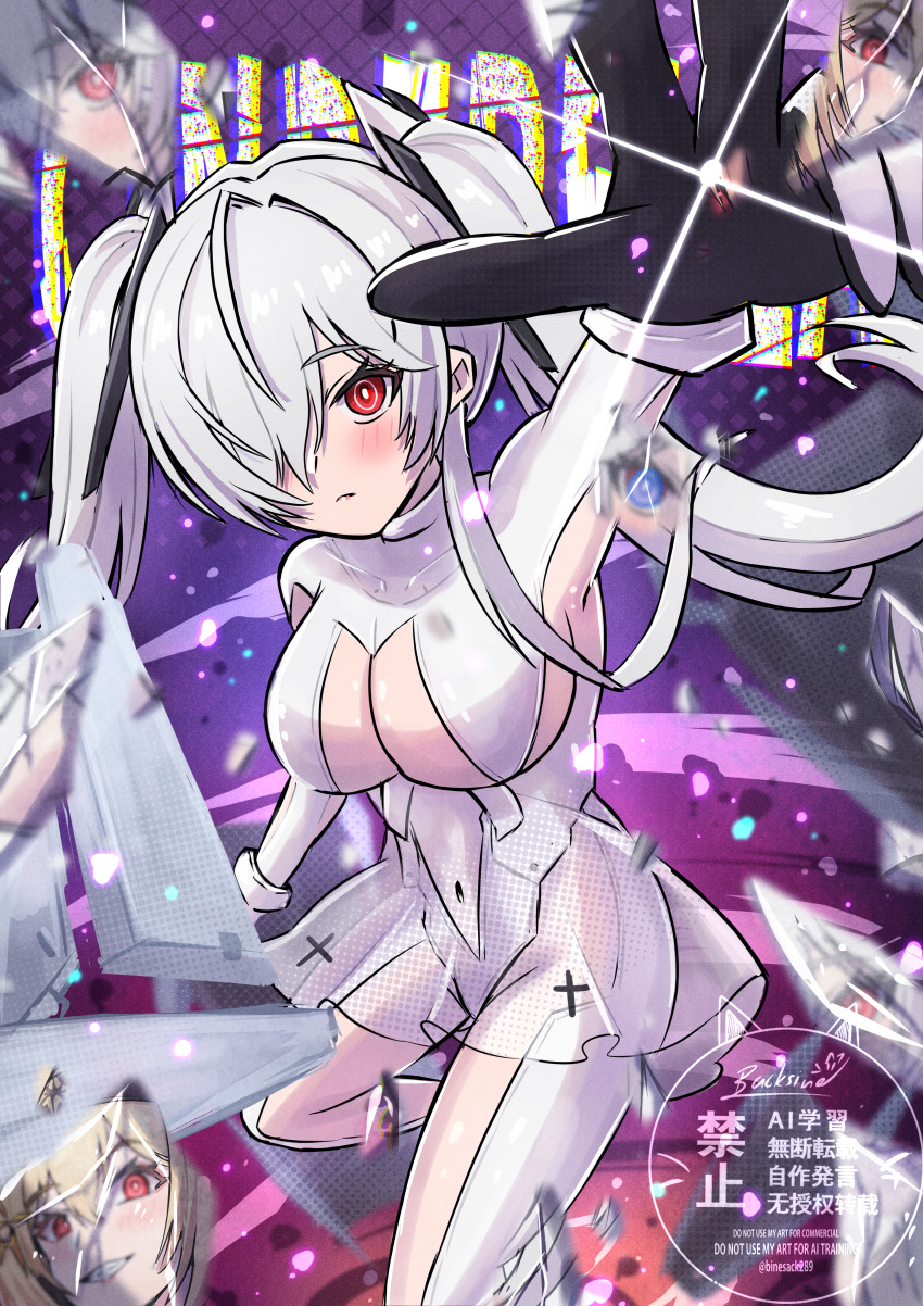 2girls absurdres armpit_cutout backsine black_hairband blonde_hair blue_eyes blush bodysuit breasts cinderella_(nikke) cleavage cleavage_cutout clothing_cutout gloves goddess_of_victory:_nikke hair_between_eyes hair_over_one_eye hairband highres large_breasts leg_cutout long_hair looking_at_viewer multiple_girls navel navel_cutout one_eye_covered red_eyes red_shoes_(nikke) see-through_bodysuit see-through_clothes see-through_skirt shiny_eyes skirt smile stomach_cutout twintails very_long_hair white_bodysuit white_hair