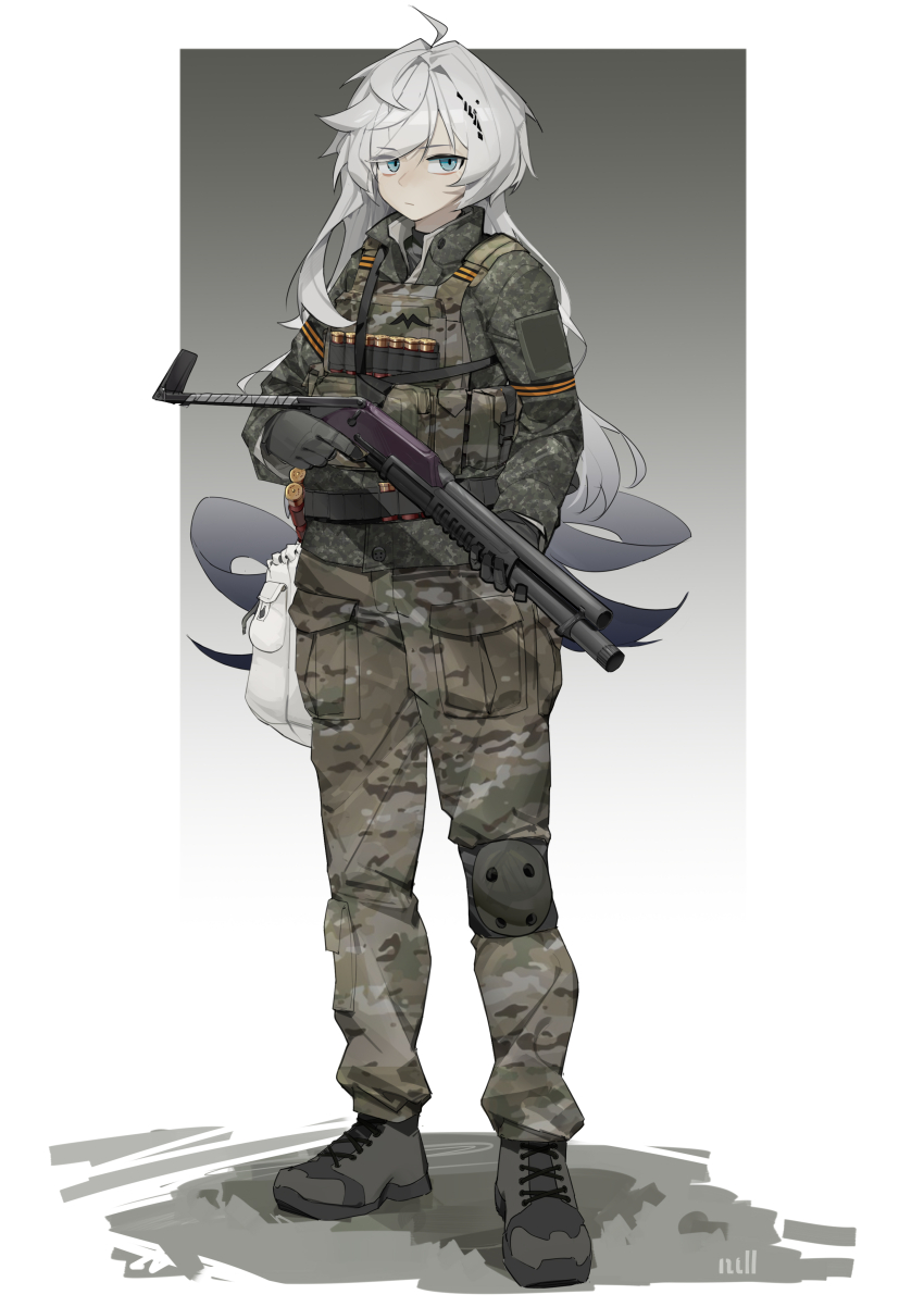 1girl absurdres blue_eyes bulletproof_vest gloves gun highres knee_pads long_hair null_(user_zske3258) original russian_ground_forces shotgun tactical_clothes weapon white_hair