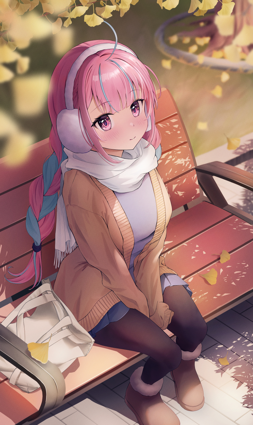1girl absurdres ahoge between_legs black_pantyhose blue_hair blue_skirt blunt_bangs boots braid breasts brown_boots brown_cardigan cardigan closed_mouth colored_inner_hair commentary_request day earmuffs fur-trimmed_boots fur_trim grey_shirt hand_between_legs highres hololive large_breasts long_hair looking_at_viewer low_twin_braids minato_aqua miniskirt mochiki_927 multicolored_hair on_bench outdoors pantyhose pink_hair pleated_skirt purple_eyes scarf shirt sitting skirt solo streaked_hair twin_braids two-tone_hair virtual_youtuber white_scarf